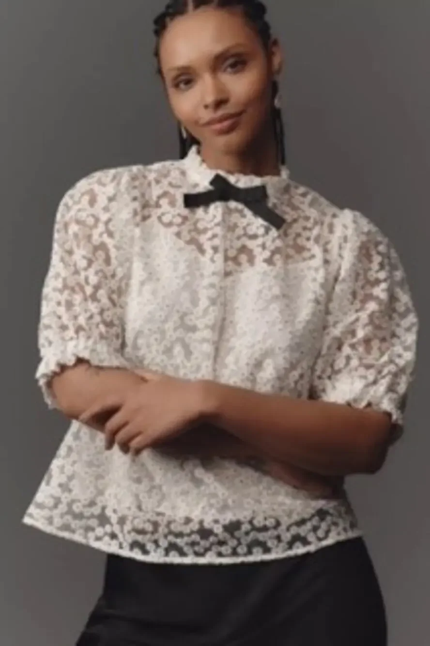 Anthropologie En Elly Puff Sleeve Bow Blouse White size XL NWT